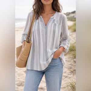 Splendid Striped Linen Blend V-Neck Blouse Normcore Coastal Wear